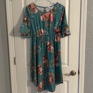 PatPat Floral Midi Dress - Teal and Pink